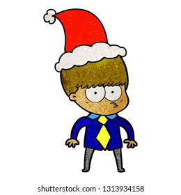 nervous hand drawn textured cartoon of a boy wearing shirt and tie wearing santa hat