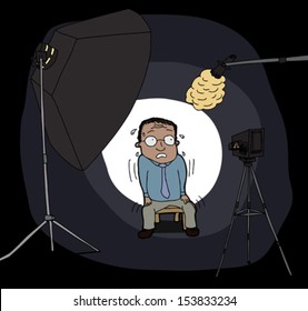 Nervous Hispanic man in front of camera and lights