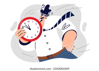 Nervous man is afraid to miss deadlines and holds clock in hand, shouting motivational speeches for employees. Hurried businessman reminds about deadlines and need to complete work before end of day