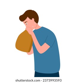 Nervous man breathing in paper bag trying to calm down. Panic attack. Mental stress.