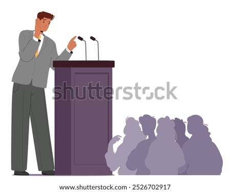 Nervous Man Experiencing Public Speaking Fear At A Podium Facing An Audience. Vector Image Captures The Anxiety, Paranoia, Phobia And Emotional Challenge Associated With Speaking In Front Of A Crowd