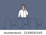 Nervous man feel stressed speaking in front of public. Anxious worried male speaker sweat with pain and anxiety on stage. Concept of audience fear. Flat vector illustration. 
