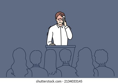Nervous man feel stressed speaking in front public  Anxious worried male speaker sweat and pain   anxiety stage  Concept audience fear  Flat vector illustration  