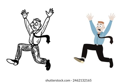 Hombre nervioso en pánico. Empleado de oficina asustado con camisa y pantalones con las manos arriba corre a algún lado. Estrés laboral. Ilustración vectorial colorida y de línea.
