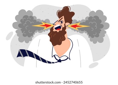 Nervous man screams, experiencing irritation and aggression after news about increase in business taxes, blows smoke and flames from ears. Toxic man expresses dissatisfaction with colleagues