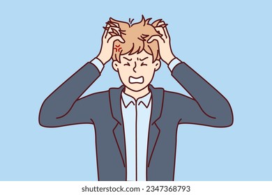 Nervous man tears hair out because of problems in personal life or trouble with work. Nervous guy in business suit bares teeth, feeling annoyed due to professional burnout and overtime svg