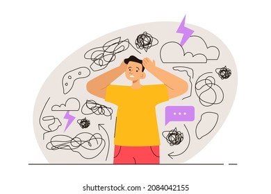 Nervous man touching head surrounded by problems and anxiety thoughts. Phobia, psychological problem and mental health concept. Modern flat vector illustration