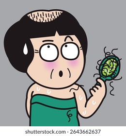 Nervous Middle Aged Lady With A Bald Had Too Much Brushing Hair Loss Concept Cartoon Character illustration