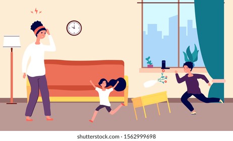 Nervous mom and kids. Mother mom is angry with running naughty, mischievous children creating chaos in home. Vector kids characters