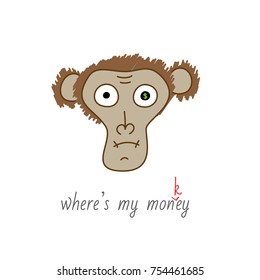 Nervous Monkey with question - where's my money. Vector illustration