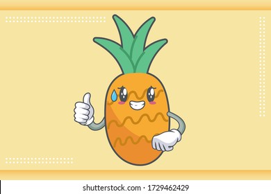NERVOUS, PHEW, DISAPPOINTED, RELIEVED Face Emotion. Thumb Up Hand Gesture. Pineapple Fruit Cartoon Drawn Mascot Illustration.