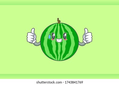 NERVOUS, PHEW, DISAPPOINTED, RELIEVED Face Emotion. Double Thumb Up Hand Gesture. Watermelon Fruit Cartoon Drawing Mascot Illustration.