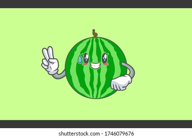 NERVOUS, PHEW, DISAPPOINTED, RELIEVED Face Emotion. Peace Hand Gesture. Watermelon Fruit Cartoon Drawing Mascot Illustration.