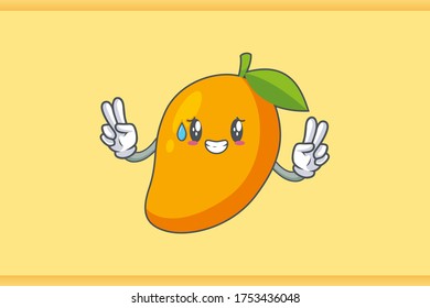 NERVOUS, PHEW, DISAPPOINTED, RELIEVED Face Emotion. Double Peace Hand Gesture. Yellow Mango Fruit Cartoon Drawing Mascot Illustration.