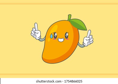 NERVOUS, PHEW, DISAPPOINTED, RELIEVED Face Emotion. Double Forefinger Hand Gesture. Yellow Mango Fruit Cartoon Drawing Mascot Illustration.