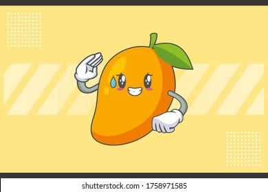 NERVOUS, PHEW, DISAPPOINTED, RELIEVED Face Emotion. Salute Hand Gesture. Yellow Mango Fruit Cartoon Drawing Mascot Illustration.