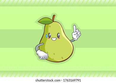 NERVOUS, PHEW, DISAPPOINTED, RELIEVED Face Emotion. Forefinger Hand Gesture. Green Pear Fruit Cartoon Drawing Mascot Illustration.