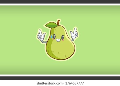 NERVOUS, PHEW, DISAPPOINTED, RELIEVED Face Emotion. Double Forefinger Handgun Gesture. Green Pear Fruit Cartoon Drawing Mascot Illustration.