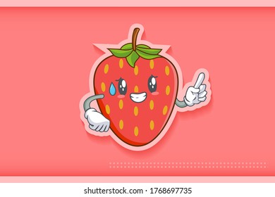 NERVOUS, PHEW, DISAPPOINTED, RELIEVED Face Emotion. Forefinger Hand Gesture. Red Strawberry Fruit Cartoon Drawing Mascot Illustration.