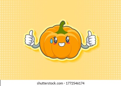NERVOUS, PHEW, DISAPPOINTED, RELIEVED Face Emotion. Double Thumb Up Hand Gesture. Yellow, Orange Pumpkin Fruit Cartoon Drawing Mascot Illustration.