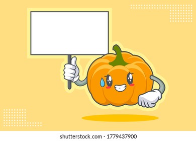 NERVOUS, PHEW, DISAPPOINTED, RELIEVED Face Emotion. Holding Whiteboard Hand Gesture. Yellow, Orange Pumpkin Fruit Cartoon Drawing Mascot Illustration.