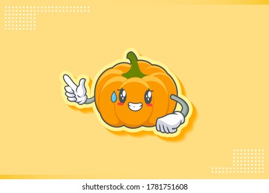 NERVIOSO, PHEW, DECEPCIONADO, ALIVIADO FRENTE A LA Emoción. Gesto de mano de pistola de dedo. Ilustración de la mascota de dibujos animados de la piel de calabaza amarilla y naranja.