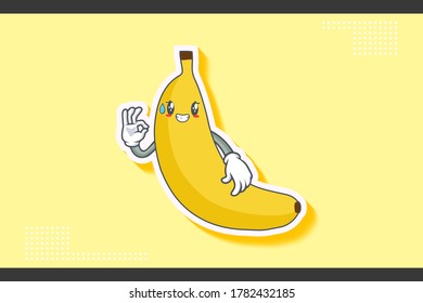 NERVOUS, PHEW, DISAPPOINTED, RELIEVED Face Emotion. Nice Hand Gesture. Banana Fruit Cartoon Drawing Mascot Illustration.