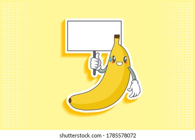 NERVIOSO, PHEW, DECEPCIONADO, ALIVIADO FRENTE A LA Emoción. Manteniendo el Gesto de la pistola de la pizarra. Caricatura de fruta bananera dibujando una ilustración de mascota.