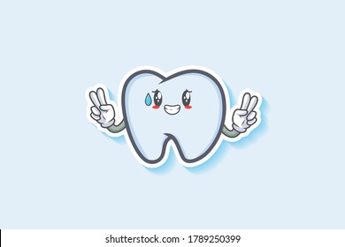 NERVOUS, PHEW, DISAPPOINTED, RELIEVED Face Emotion. Double Peace Hand Gesture. Tooth Cartoon Drawing Mascot Illustration.