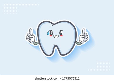 NERVOUS, PHEW, DISAPPOINTED, RELIEVED Face Emotion. Double forefinger Hand Gesture. Tooth Cartoon Drawing Mascot Illustration.