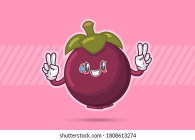 NERVOUS, PHEW, DISAPPOINTED, RELIEVED Face Emotion. Double Peace Hand Gesture. Mangosteen Fruit Cartoon Drawing Mascot Illustration.