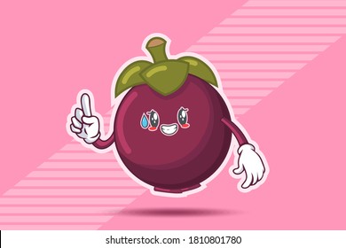 NERVIOSO, PHEW, DECEPCIONADO, ALIVIADO FRENTE A LA Emoción. Gesto de la mano del dedo índice. Caricatura De Fruta De Mangosteen Dibujando Ilustración De Mascota.