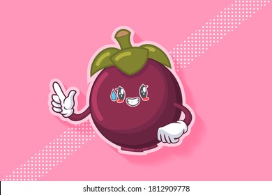 NERVOUS, PHEW, DISAPPOINTED, RELIEVED Face Emotion. Forefinger Handgun Gesture. Mangosteen Fruit Cartoon Drawing Mascot Illustration.