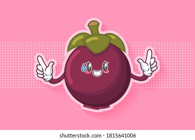 NERVOUS, PHEW, DISAPPOINTED, RELIEVED Face Emotion. Double Handgun Gesture. Mangosteen Fruit Cartoon Drawing Mascot Illustration.