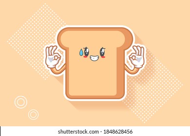 NERVOUS, PHEW, DISAPPOINTED, RELIEVED Face Emotion. Nice Hand Gesture. Bread Food Cartoon Drawing Mascot Illustration.