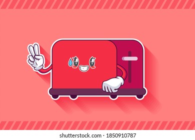 NERVOUS, PHEW, DISAPPOINTED, RELIEVED Face Emotion. Peace Finger Hand Gesture. Toaster Cartoon Drawing Mascot Illustration.