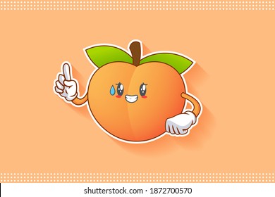 NERVIOSO, PHEW, DECEPCIONADO, ALIVIADO FRENTE A LA Emoción. Gesto de la mano del dedo índice. Caricatura de Fruta de Peach Dibujando Ilustración Mascota.