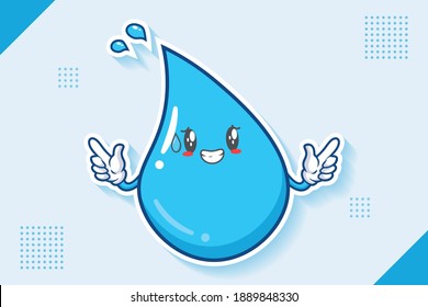 NERVOUS, PHEW, DISAPPOINTED, RELIEVED Face Emotion. Double Forefinger Handgun Gesture. Water Drop Cartoon Drawing Mascot Illustration.