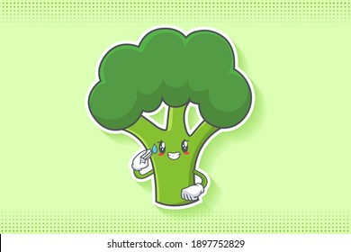 NERVOUS, PHEW, DISAPPOINTED, RELIEVED Face Emotion. Salute, Respect Hand Gesture. Broccoli Vegetable Cartoon Drawing Mascot Illustration.