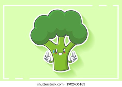 NERVOUS, PHEW, DISAPPOINTED, RELIEVED Face Emotion. Double Forefinger Hand Gesture. Broccoli Vegetable Cartoon Drawing Mascot Illustration.