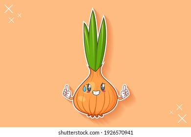 NERVOUS, PHEW, DISAPPOINTED, RELIEVED Face Emotion. Forefinger Hand Gesture. Onion, Garlic Vegetable Character Cartoon Drawing Mascot Illustration.