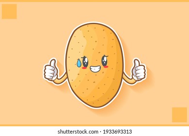 NERVOUS, PHEW, DISAPPOINTED, RELIEVED Face Emotion. Double Thumb Up Gesture. Potato Vegetable Character Cartoon Drawing Mascot Illustration.