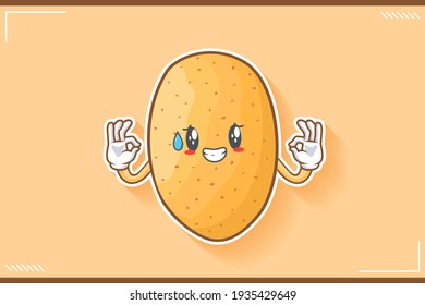 NERVOUS, PHEW, DISAPPOINTED, RELIEVED Face Emotion. Double Nice Hand Gesture. Potato Vegetable Character Cartoon Drawing Mascot Illustration.