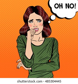 Nervous Pop Art Young Woman Biting Her Nails. Vector Illustration