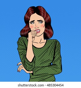 Nervous Pop Art Young Woman Biting her Nails. Vector illustration