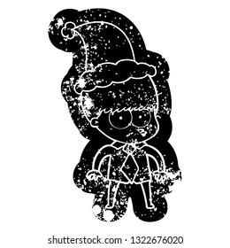 nervous quirky cartoon distressed icon of a boy wearing shirt and tie wearing santa hat