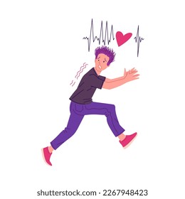 Nervous scared man trying to run from the threat or danger, flat vector illustration isolated on white background. Fear and panic, anxiety and stress concept.