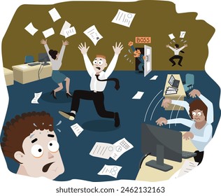 Nervous situation in the office due to an angry boss. Stress managment. Scared employees. Aggressive manager shouts. People run around the office and lose papers. Vector illustration in cartoon style.