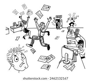 Nervous situation in the office due to an angry boss. Stress managment. Scared employees. Aggressive manager shouts. People run around the office and lose papers. Vector illustration in cartoon style.