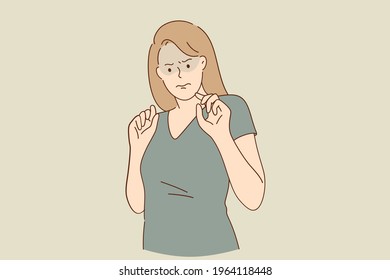 Nervous state of mind and frustration concept. Annoyed young woman cartoon character standing feeling irritated and showing fingers vector illustration 